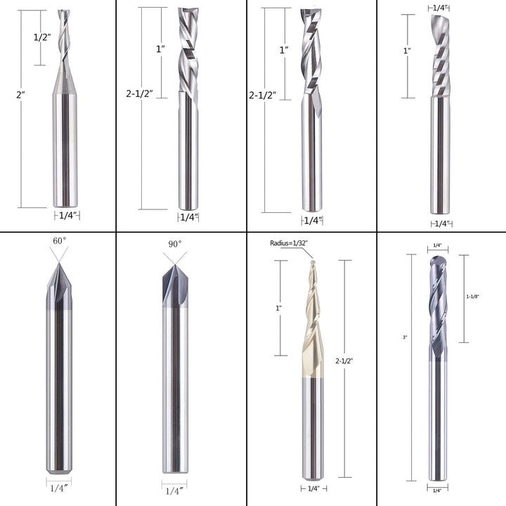 8Pcs Carbide CNC Router Bits Set 1/4 Inch Shank for Woodworking Detail Carving Trimming V Groove Engraving Slotting Mortise