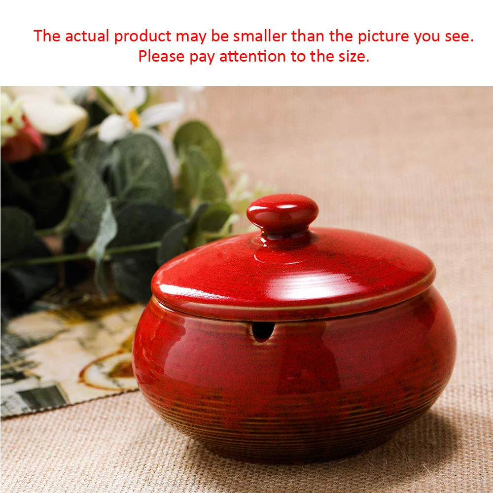 Ceramic Ashtray with Lids, Windproof, Cigarette Ashtray for Indoor or Outdoor Use,Ash Holder for Smokers,Desktop Smoking Ash Tray for Home Office Decoration- Red