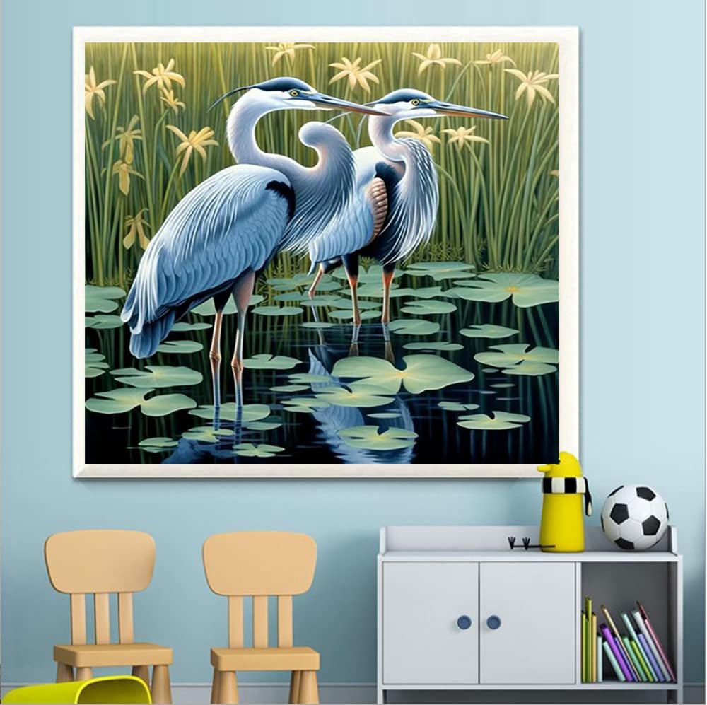 Round Full Drill Diamond Painting Set, 5D DIY Egret Diamond Art Painting by Numbers Bird Diamond Painting Crafts Kit for Adult Animal Lovers Paint with Diamonds for Room Decor (12X12 inches)
