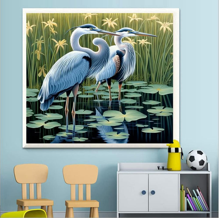 Round Full Drill Diamond Painting Set, 5D DIY Egret Diamond Art Painting by Numbers Bird Diamond Painting Crafts Kit for Adult Animal Lovers Paint with Diamonds for Room Decor (12X12 inches)