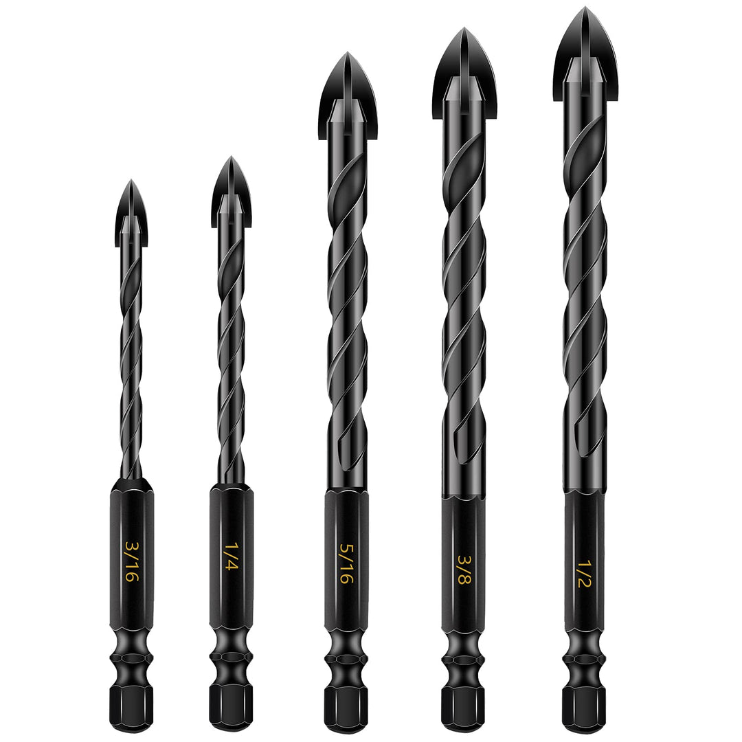 Masonry Drill Bit Set,5Pcs Concrete Drill Bits Set for Tile, Brick,Glass,Plastic and Wood,Tungsten Carbide Tip Drill Bits for Wall Mirror and Ceramic Tile in Size 3/16,1/4, 5/16,3/8,1/2inch