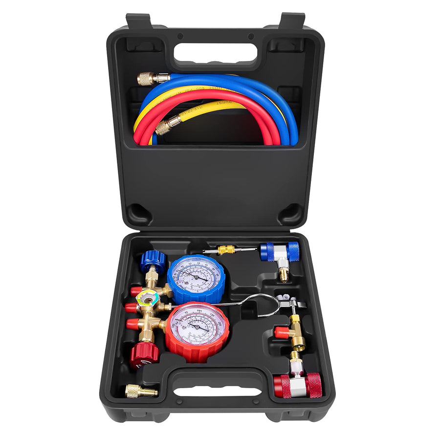 3 Way AC Manifold Gauge Set, Fits for R134A R12 R22 and R502 Refrigerants, with 5FT Hose, Acme Tank Adapters, Quick Couplers and Can Tap