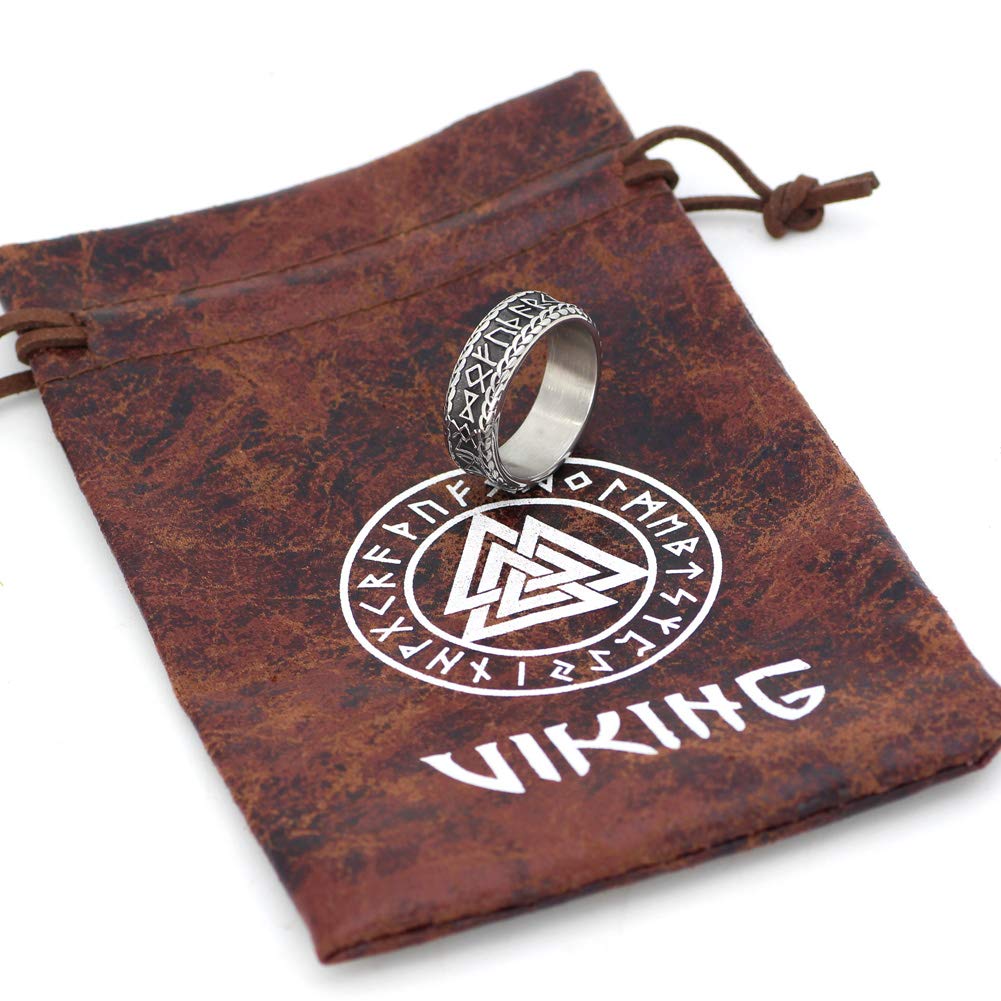 Nordic Viking Rune Knot Rings with Valknut Gift Bag - Stainless Steel