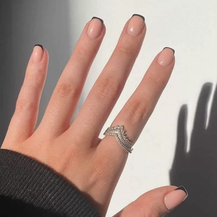 French Tip Press on Nails Black Glue on Nails Short Fake Nails Square Full Cover False Nails with Designs for Women and Girls 24PCS