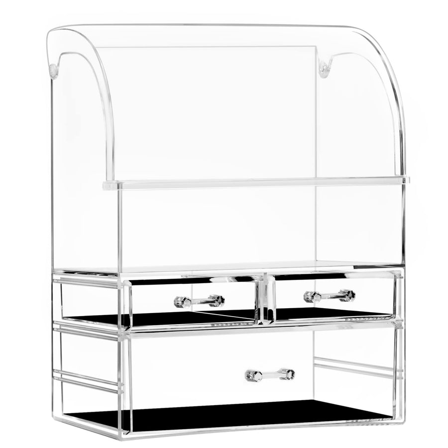 Professional Acrylic Makeup Organizer with Lid Dust Water Proof, Thicker Skin Care Cosmetic Display Case with 3 Drawers, Vanity Countertop Make Up Organizator for Jewelry & Perfume, Clear