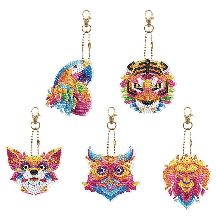 DIY Diamond Painting Keychain Set 5pcs Key Ring Full Drill Mosaic Making Diamond Painting Pendant Girlfriend Mother Gift for Art Craft Key Ring Phone Charm Bag Decor (Tiger Lion Parrot Dog Owl)