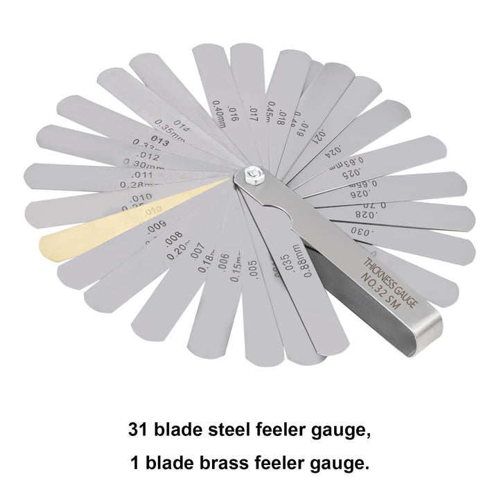 32 Blade Steel Feeler Gauge (0.0015Inch to 0.035Inch), Thickness Feeler Gage Gauge, Gap Measuring Tool with Metric &amp; Imperial, Great for Checking Valves &amp; Building Engines