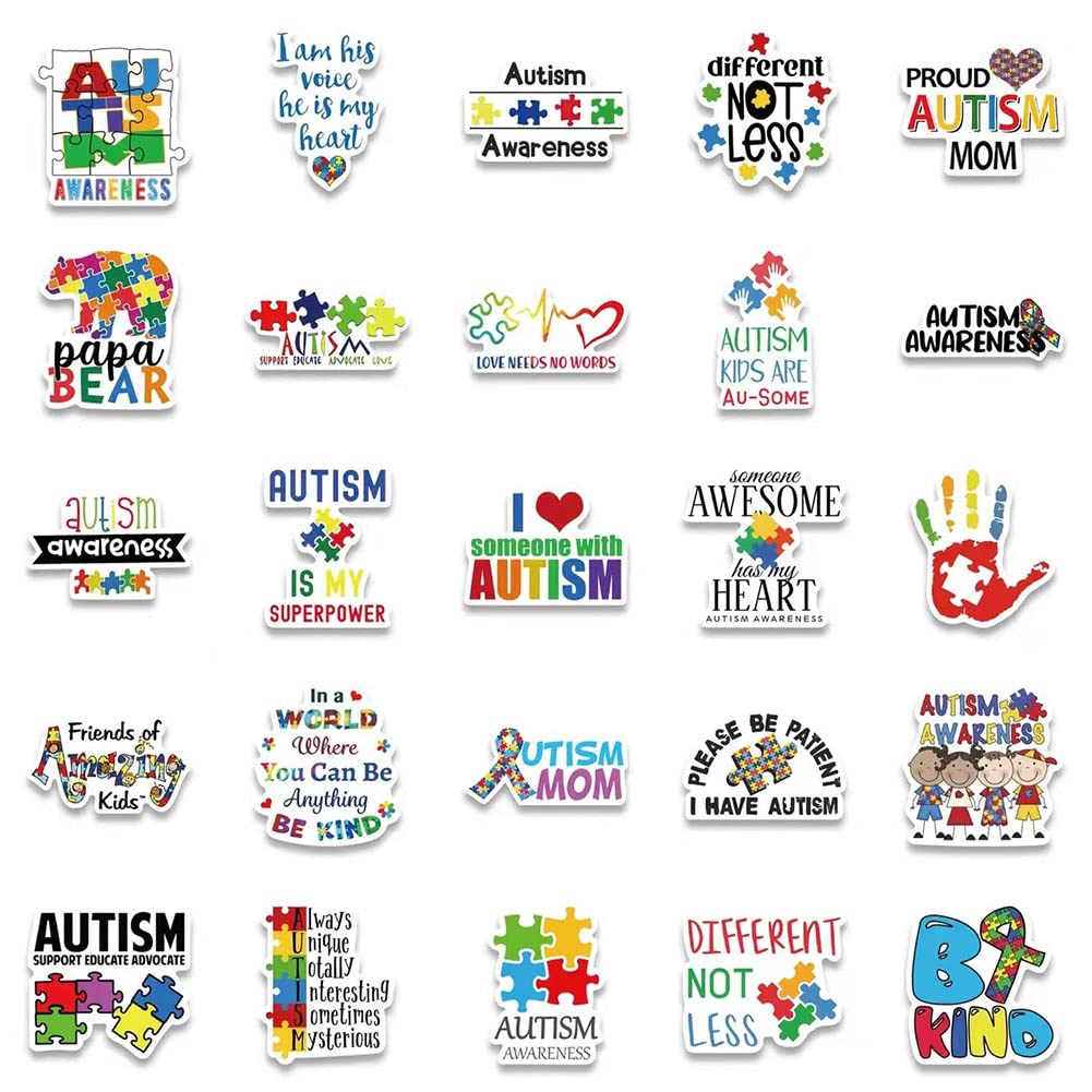 Autism Stickers |50 Pcs Autism Awareness Waterproof Vinyl Decals for Water Bottles Laptop Luggage Cup Computer Mobile Phone Skateboard Guitar Helmet Snowboard Décor