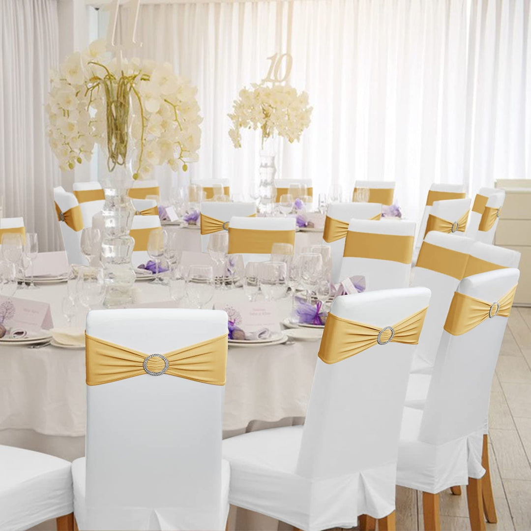 Spandex Chair Sashes Bows 50PCS Premium Stretch Chair Cover Band with Buckle Slider Universal Elastic Chair Ties for Wedding Party Ceremony Reception Banquet Decoration (Gold)