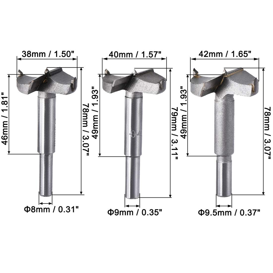 Forstner Wood Boring Drill Bits 38mm 40mm 42mm Dia. Hole Saw Carbide Alloy Steel Tip Round Shank Cutting for Hinge Plywood Wood Tool 3in1 Set
