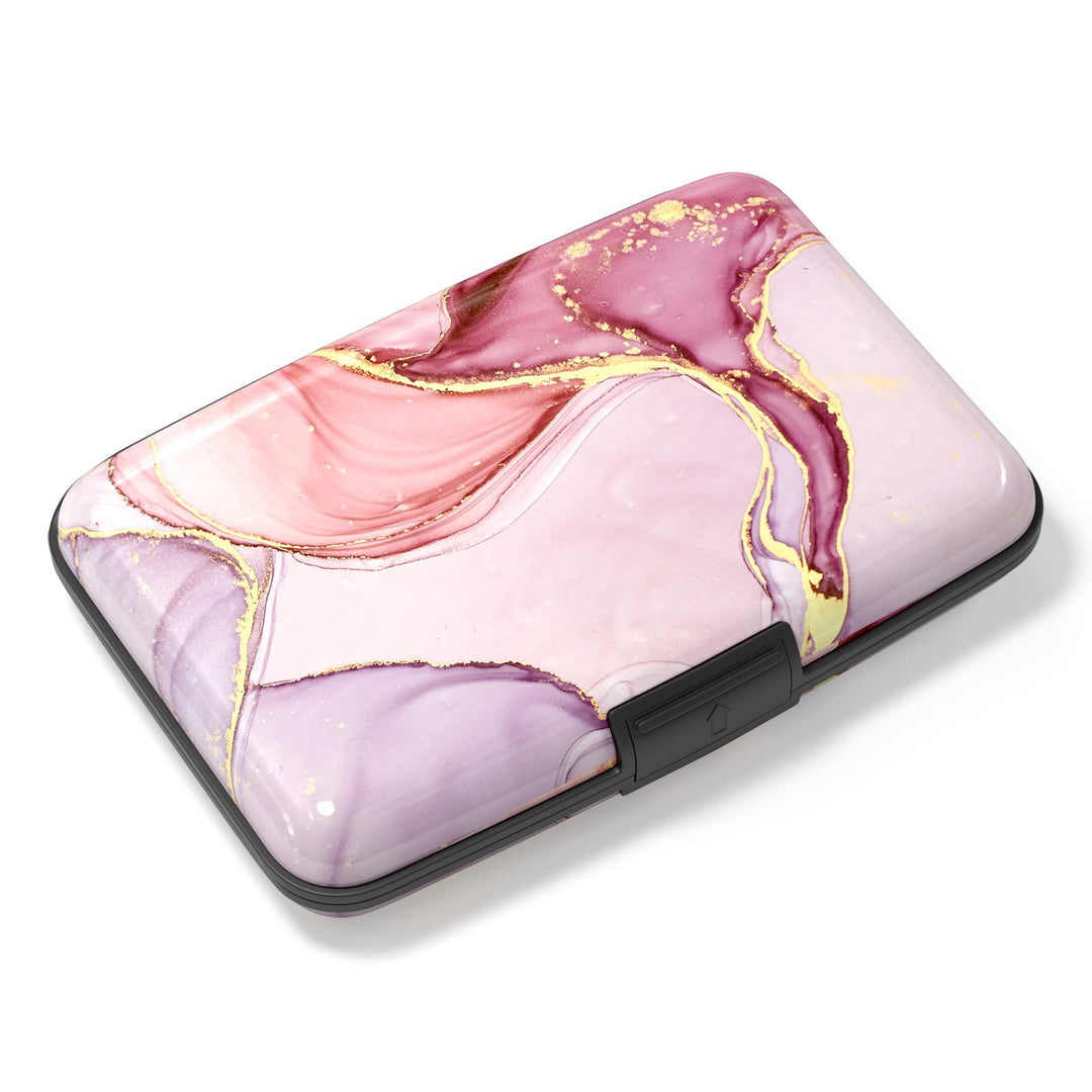 Credit Card Holder, Mini Aluminum Card Wallet RFID Blocking Slim Metal Hard Card Case for Women Men, Pink Marble