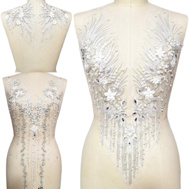 Lace Embroidered Pearl Rhinestone Patches Applique for DIY Fabric Trim Neckline Wedding Bridal Prom Dress Back Decoration (White, V-Neck)