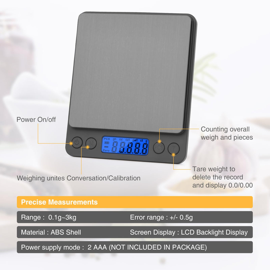 Gram Scale, Mafiti Kitchen Scale Digital Weight Mini Grams Jewelry Scale 3000gx0.5g with LCD Display Stainless Steel for Cooking Baking Jewelry Weight Postal (Battery no Include) 1Pack (Silver)