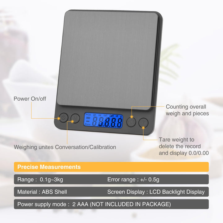 Gram Scale, Mafiti Kitchen Scale Digital Weight Mini Grams Jewelry Scale 3000gx0.5g with LCD Display Stainless Steel for Cooking Baking Jewelry Weight Postal (Battery no Include) 1Pack (Silver)