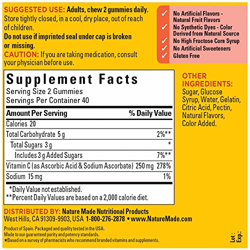 Vitamin C 250 mg per serving, Dietary Supplement for Immune Support, 80 Gummies, 40 Day Supply