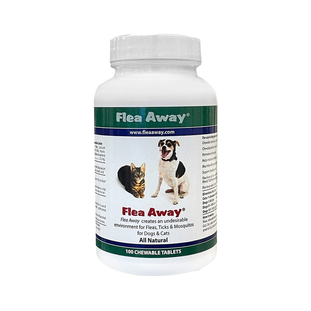 Flea Away All Natural Supplement for Fleas, Ticks, and Mosquitos Prevention for Dogs and Cats, 100 Chewable Treat Tablets, Single
