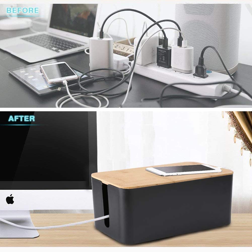 [Set of Three] Cable Management Organizer Box, Large Storage Bamboo Lid Wires Concealer Holder for Home, Office, TV, Computer, Great to Cover Hide Tidy Surge Protector Power Strips &amp; Cord (Black)