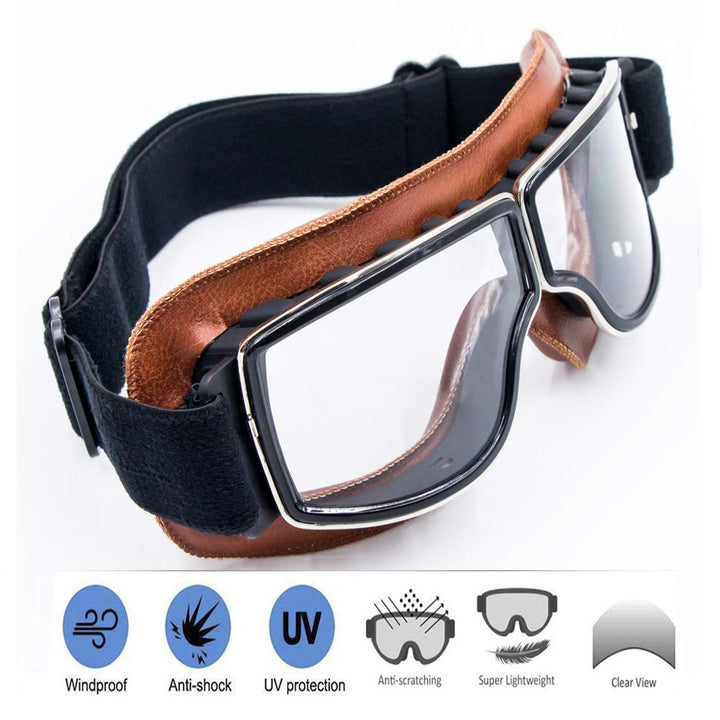 CYNEMO Motorcycle Goggles Vintage Pilot Leather Riding Glasses Scooter ATV Off-Road Anti-Scratch Dust Proof Eyewear for Men Women Adult