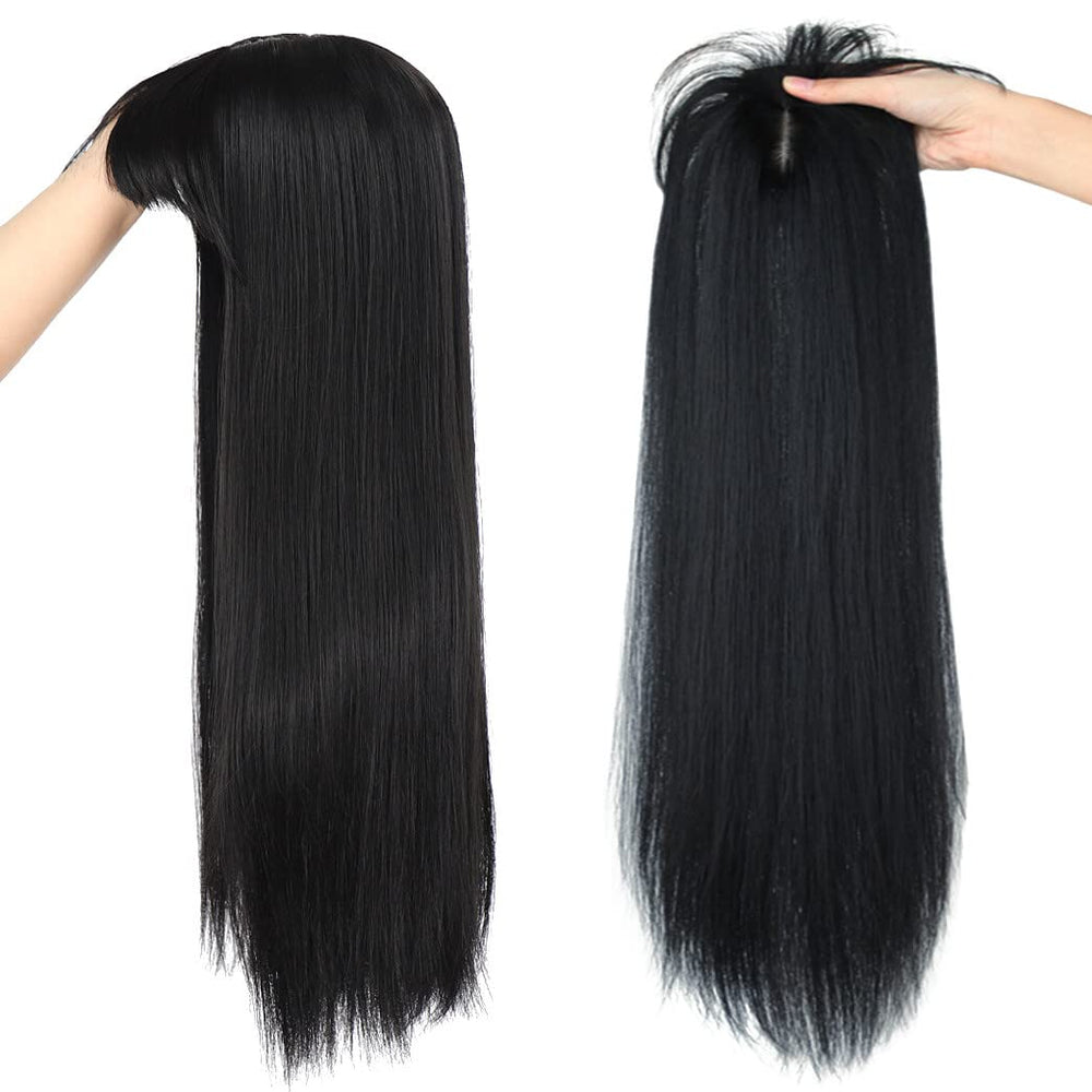 50cm Long Seamless Nature Look Clip in Hairpiece with Side-Fringe Extension Forehead Topper for Women with Thinning Hair Straight Black