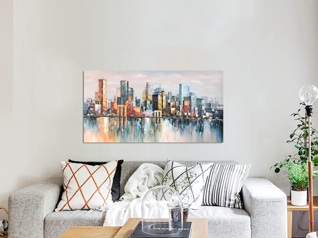Art,24x48Inch 100% Hand Painted City Skyline Framed Oil Paintings on Canvas Abstract Urban Landscape Artwork Modern Cityscape Wall Art Oil Hand Painting for Dinning Room Office