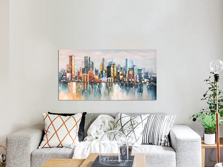 Art,24x48Inch 100% Hand Painted City Skyline Framed Oil Paintings on Canvas Abstract Urban Landscape Artwork Modern Cityscape Wall Art Oil Hand Painting for Dinning Room Office