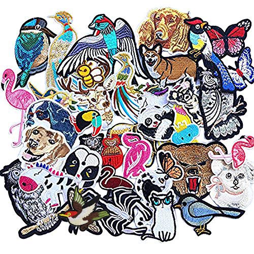 40pcs Kid Embroidered Flamingo Owl Panda Fish Dog Cat Bird Bear Butterfly Bee Patch Sew On/Iron On Patch Applique Clothes Dress Plant Hat Jeans Sewing Flowers Applique DIY Accessory (Animals)