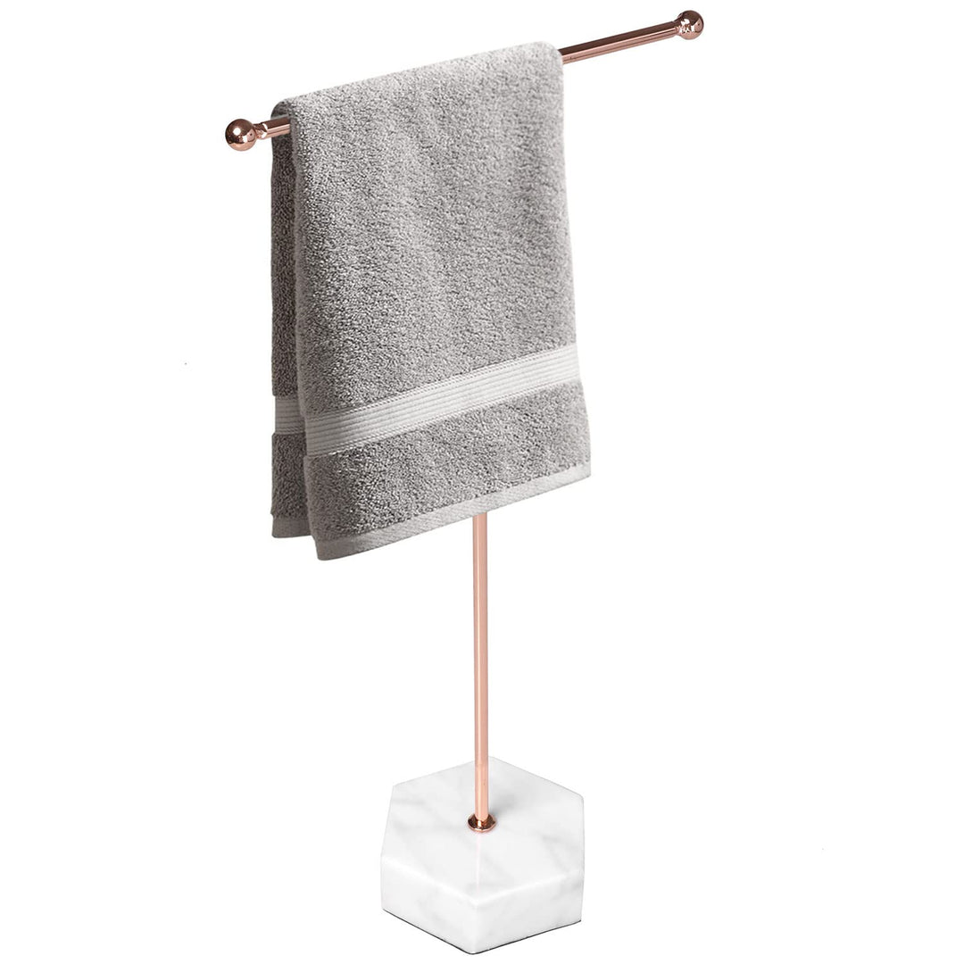 MyGift Modern Rose Gold Metal Countertop T-Bar Hand Towel Holder Stand, Bathroom Washcloth Drying Rack with Hexagonal White Marble Base
