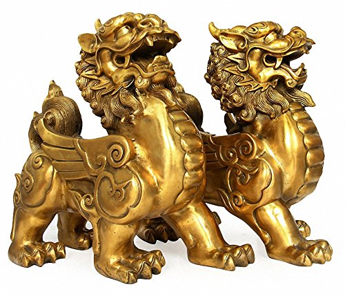 Feng Shui Set of Two Golden Brass Pi Yao/Pi Xiu Wealth Porsperity Figurine,Attract Wealth and Good Luck,Best Decoration for Office or Home
