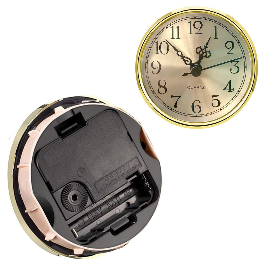 Mini Clock Insert 3-1/2 Inch (90 mm) Round Quartz Clock Fit-up Movement Miniature Clock Gold Dial Gold Tone Bezel Arabic Numerals, Fit 3.0 inch (78 mm) Diameter Hole (Gold)