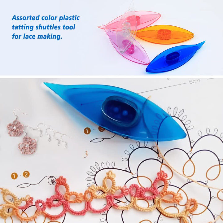 Tatting Shuttle Kit, 10 PCS Plastic Tatting Shuttle with Beading Needles Crochet Hooks Knitting Needles Big Eye Needles Tatting Needles for DIY Hand Lacemaking Craft Tool Weave Yarn Set