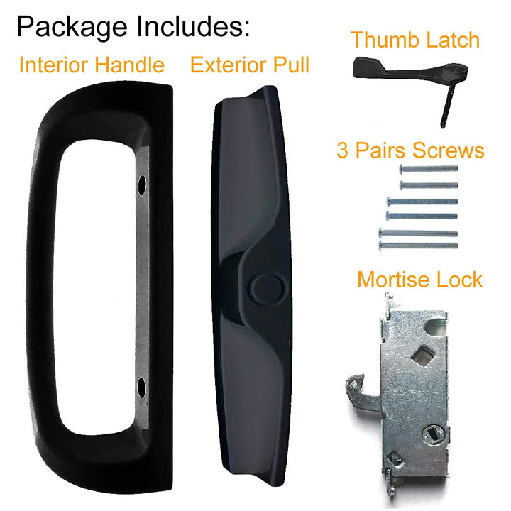 Patio Sliding Glass Door Handle Set with 45° Mortise Lock Suitable for Sliding Glass Patio Door Thickness from 1-1/2 to 1-3/4, Fits 3-15/16” Screw Hole Spacing, Reversible Design(Non-Handed), Black