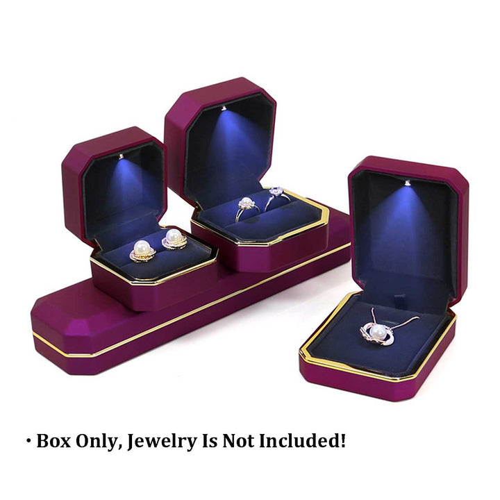 Luxury Ring Box, Square Velvet Wedding Ring Case Jewelry Gift Box with LED Light for Proposal Engagement Wedding, Purple