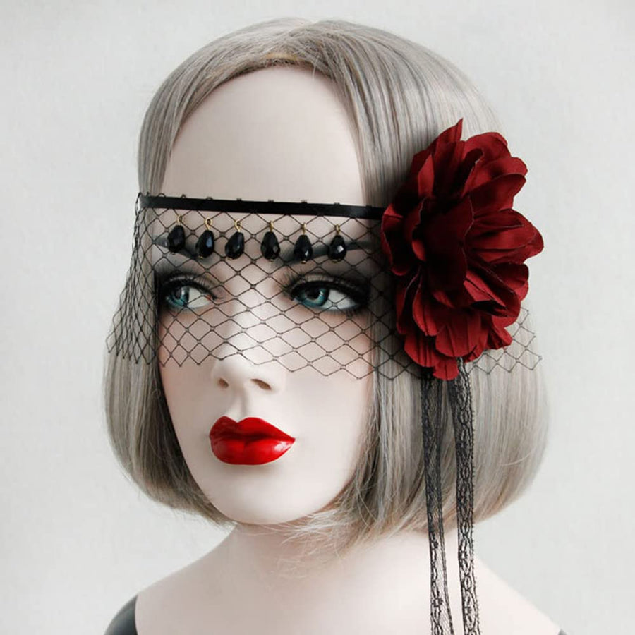 Masquerade Mesh Veil Headband with Burgundy Flower Black Lace Gothic Forehead Headdress Half Face Eye Veil for Women Prom Ball Costume Party