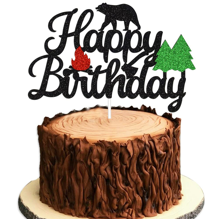Camping Happy Birthday Cake Topper for Winter Lumberjack Bear Woodland Camping Hunting Themed Baby Shower Wild One 1st Birthday Party Supplies(Double-sided)