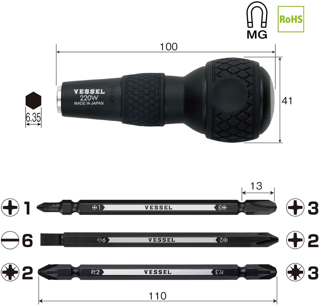 BALL GRIP 1/4 Hex. Bit Interchangeable Screwdriver (Bit 3PC. (+1, +3 / +2, -6 / PZ2, PZ3) SET. 220W3J1)