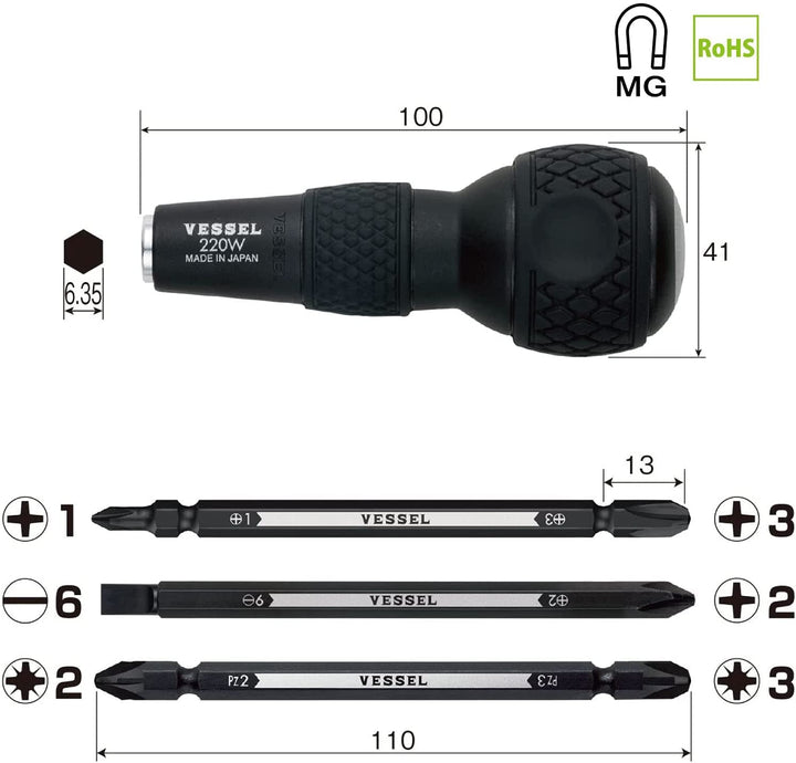 BALL GRIP 1/4 Hex. Bit Interchangeable Screwdriver (Bit 3PC. (+1, +3 / +2, -6 / PZ2, PZ3) SET. 220W3J1)