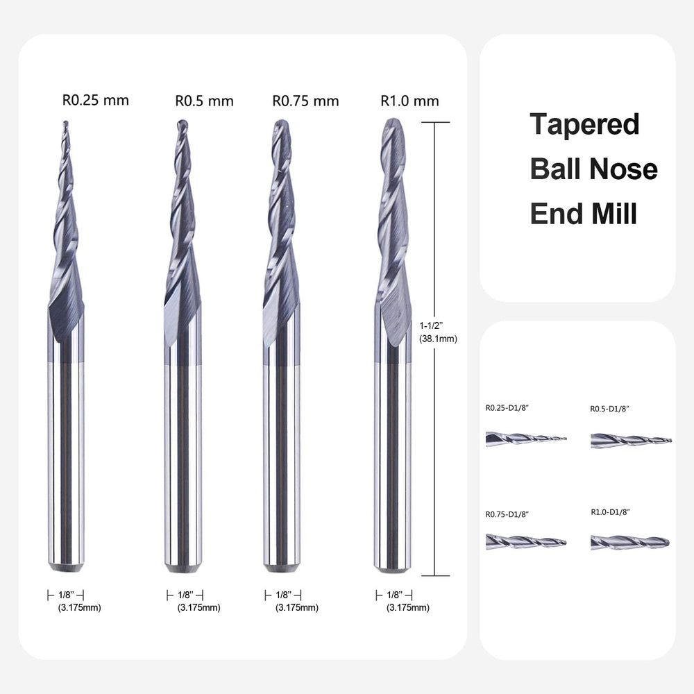 4Pcs/Pack Assorted R0.25~1.0 Tip 1/8 Tapered End Mill Cone Ball Nose Carbide Bit CNC Cutter for Carving Engraving