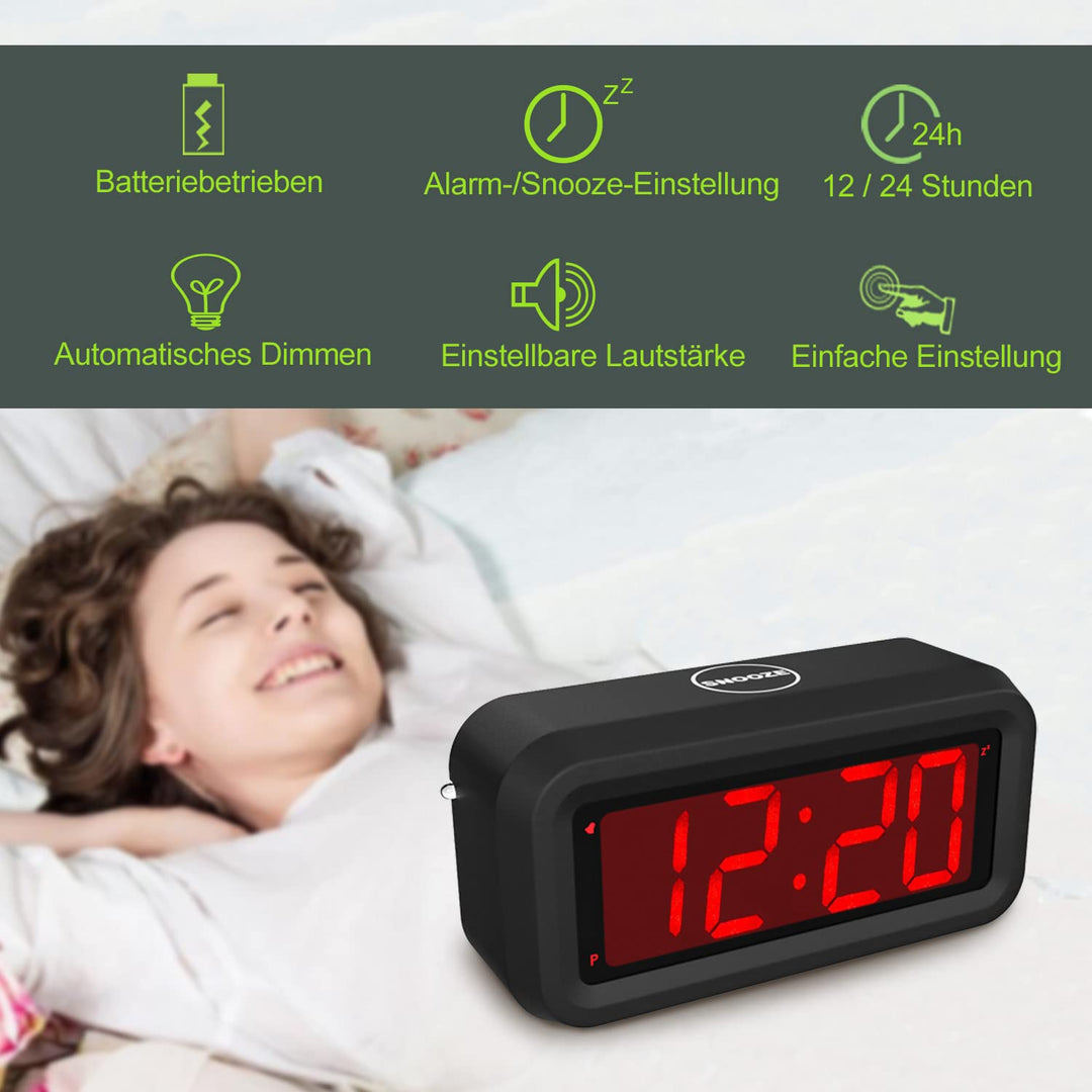 Digital Alarm Clock, Small Wall Clock, Battery Operated, 1.2 LED Large Display, 2-Level Brightness Dimmer, 12/24Hr, Snooze, 4 PCS AA Batteries Last More Than 1 Year, for Bedroom/Desk