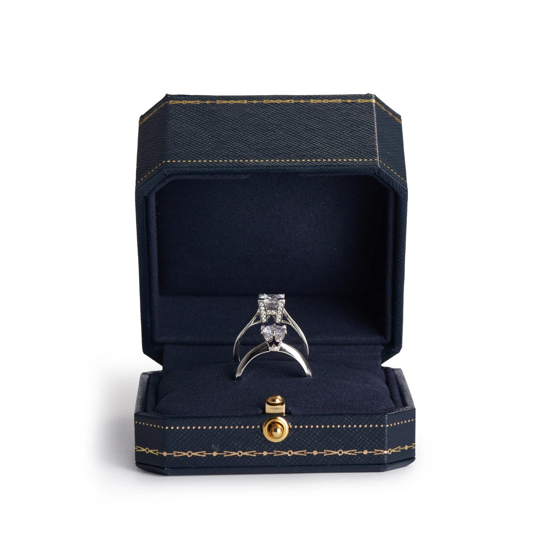 Royal Blue Double Ring Box (Jewelry Storage, 2.95x2.95x1.96 inches, Leather, Square, 1 Compartment, 1 Drawer, 0.2 pounds) for Wedding, Anniversary, Engagement, Valentine&#39;s Day