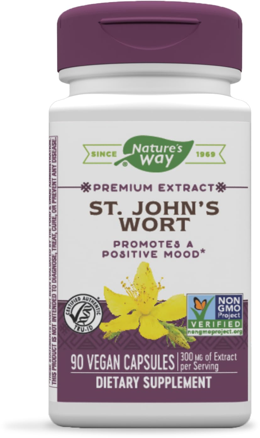 Nature’s Way St. John’s Wort Premium Extract – Promotes a Positive Outlook* - With Rosemary Leaf &amp; Spirulina - Non-GMO Project Verified &amp; Vegan - 90 Capsules