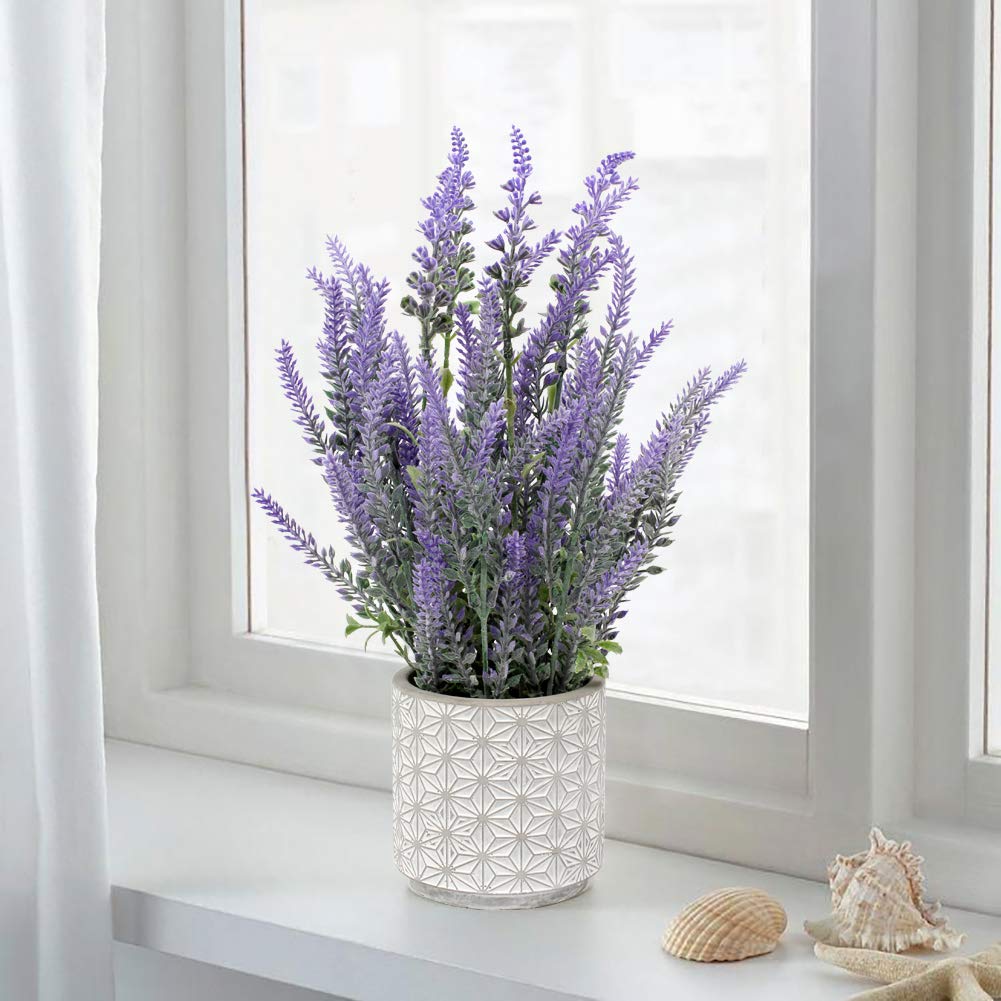 Lavender Flowers Artificial Lavender Decor Fake Lavender Plant in Cement Pot Faux Plants in Pots for Rustic Home Bathroom Table Centerpieces Wedding Decor Potted Lavender Flower Purple Decor