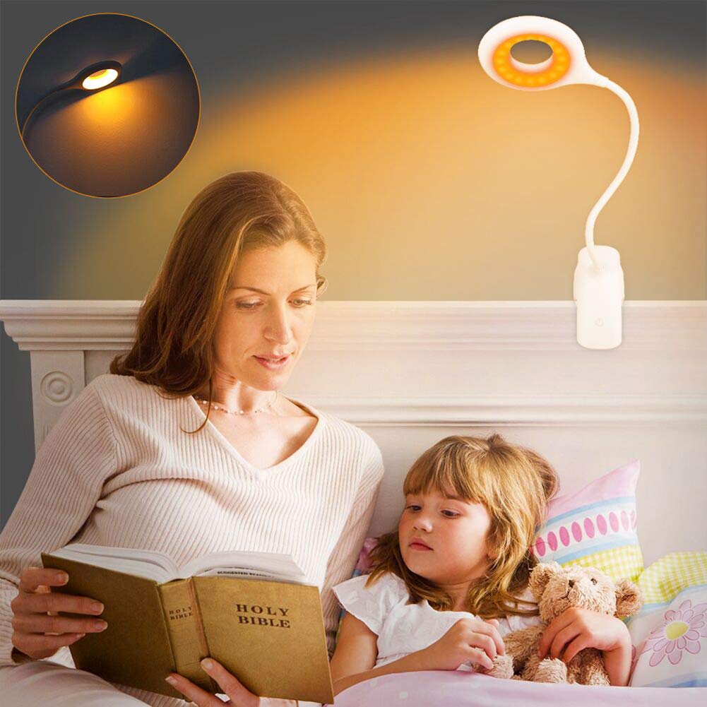 Clip-on Reading Light for Bed - Amber Book Read Light Rechargeable 5 Brightness Desk Light Clamp Lamp, Touch Control Dimmable Lamp with Flexible Neck, Gentle Night Light(White)