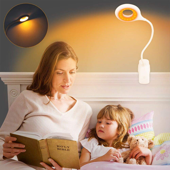 Clip-on Reading Light for Bed - Amber Book Read Light Rechargeable 5 Brightness Desk Light Clamp Lamp, Touch Control Dimmable Lamp with Flexible Neck, Gentle Night Light(White)