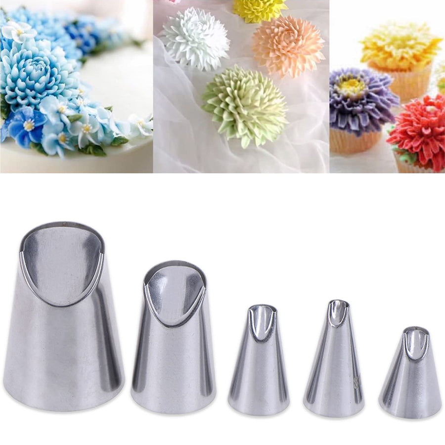 Rose Flower Piping Tips Set, Stainless Steel Chrysanthemum Nozzles, Crinkle Cream Laminating Nozzle Cupcake Pastry Tool For Decorating Cake Tulip Pastry Nozzle Baking Forms Pastry (5 Pieces)