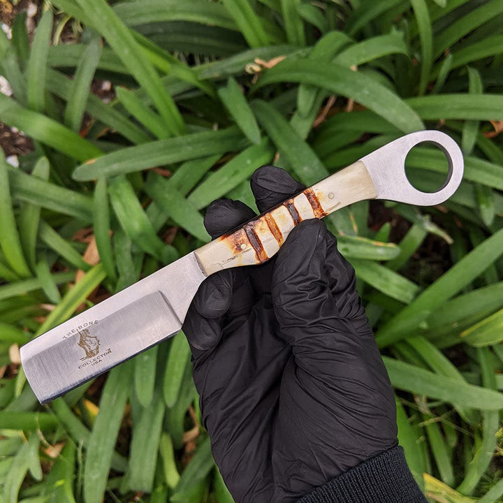 8 Overall Bone Collector Hand Made Straight Razor with Leather Strop and Sheath (Bone)
