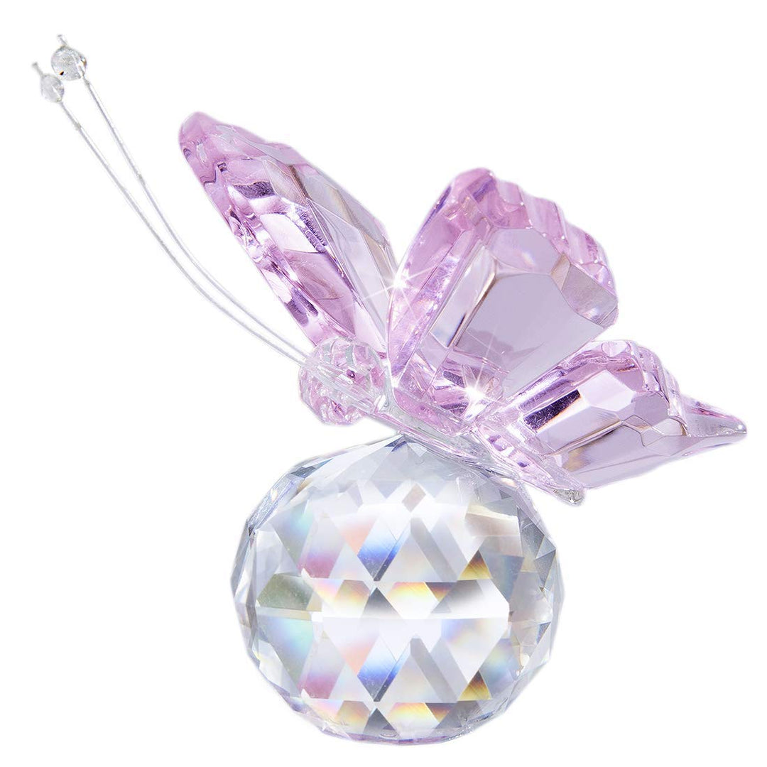 H&amp;D HYALINE &amp; DORA Pink Crystal Flying Butterfly with Crystal Ball Base Figurine Collection Cut Glass Ornament Statue Animal Collectible