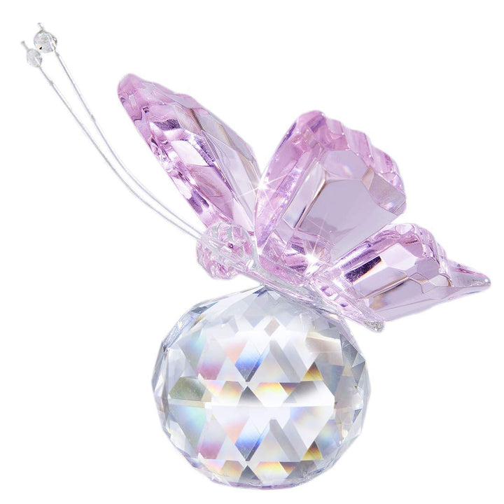 H&amp;D HYALINE &amp; DORA Pink Crystal Flying Butterfly with Crystal Ball Base Figurine Collection Cut Glass Ornament Statue Animal Collectible