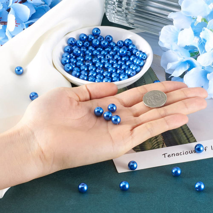 100pcs/strand 8mm Round Glass Pearl Beads Strand Tiny Satin Luster Pearl Beads Loose Spacer for DIY Bracelet Necklace Earrings Jewelry Making Crafts Supplies (Royal Blue)