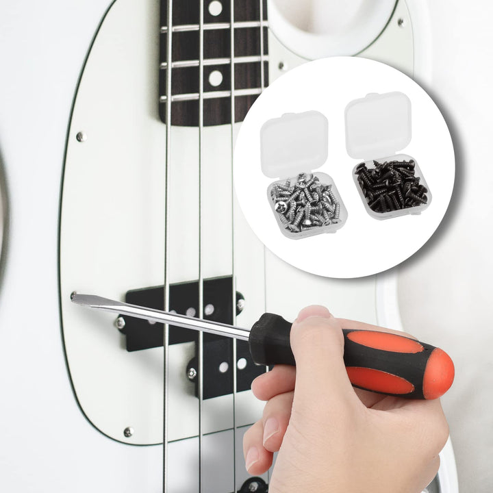 100 Pcs Guitar Pickguard Screws, Bass Pickguard Screw Set, Guitar Mounting Screws for Electric Guitar Electric Bass Guards (Light Black, Bright Silver)