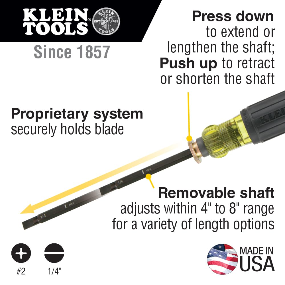 32751 Screwdriver with Adjustable Length 4 to 8-Inch, Made in USA, #2 Phillips Tip and 1/4-Inch Slotted Tip